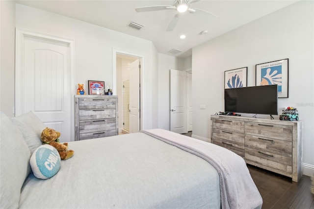 2604 S Bryant Cir, Tampa, FL 33629 - bedroom with dark wood-type flooring, baseboards, recessed lighting, and ceiling fan
