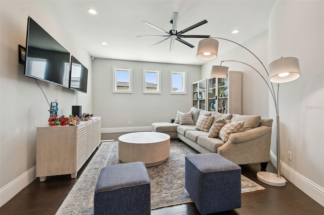 2604 S Bryant Cir, Tampa, FL 33629 - living area with a ceiling fan, baseboards, dark wood finished floors, and recessed lighting