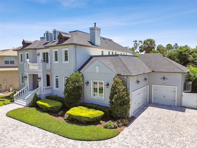2604 S Bryant Cir, Tampa, FL 33629 - french country home featuring stucco siding, a balcony, a garage, decorative driveway, and a chimney