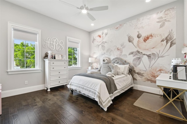 2604 S Bryant Cir, Tampa, FL 33629 - bedroom with baseboards, wood-type flooring, recessed lighting, and ceiling fan