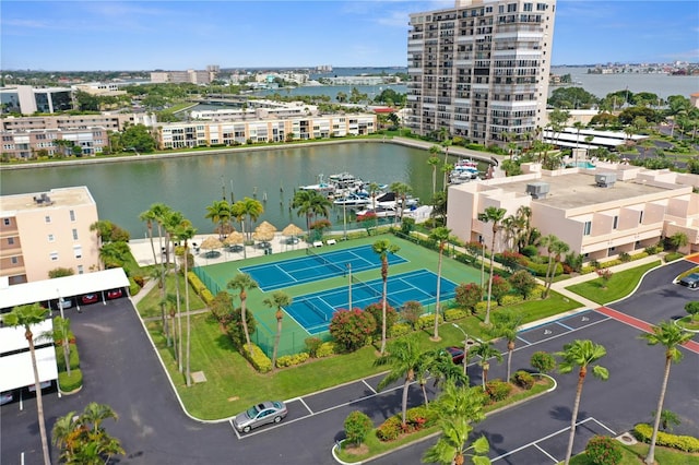 aerial view with a city view and a water view