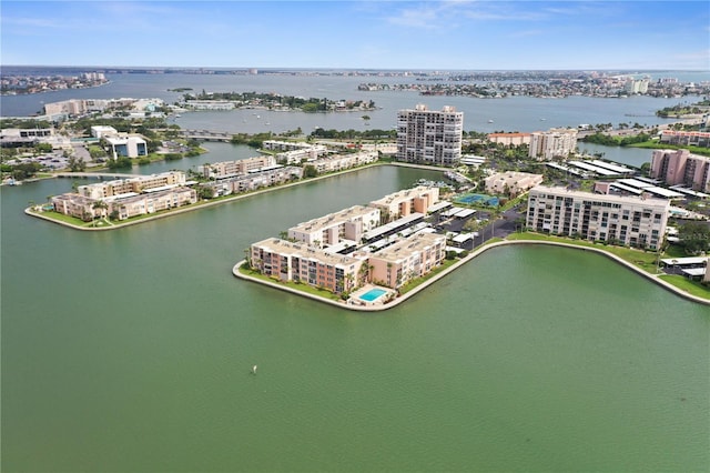 drone / aerial view with a view of city and a water view