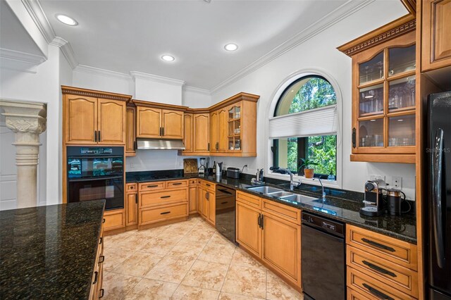 1966 Freedom Dr, Clearwater, FL 33755 - kitchen featuring black appliances, under cabinet range hood, crown molding, brown cabinetry, and glass insert cabinets