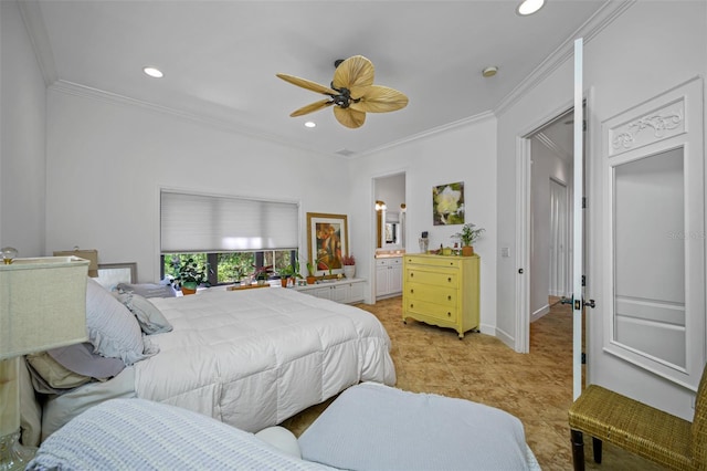 1966 Freedom Dr, Clearwater, FL 33755 - bedroom with crown molding, connected bathroom, recessed lighting, a ceiling fan, and baseboards
