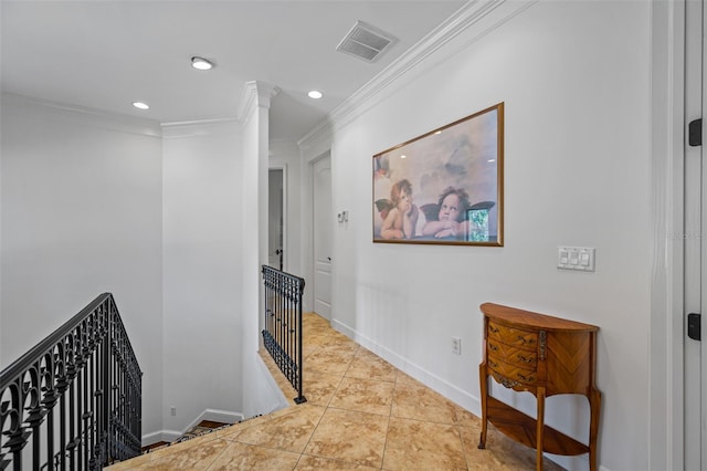 1966 Freedom Dr, Clearwater, FL 33755 - hall with an upstairs landing, ornamental molding, recessed lighting, baseboards, and tile patterned flooring