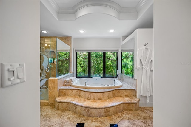 1966 Freedom Dr, Clearwater, FL 33755 - full bath with crown molding, a tub with jets, a shower stall, and recessed lighting