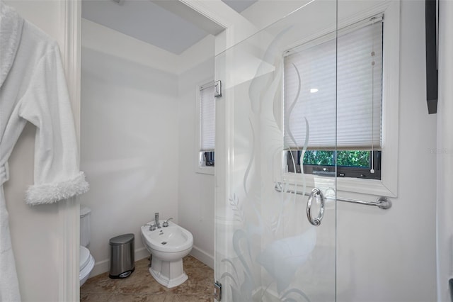 1966 Freedom Dr, Clearwater, FL 33755 - full bath featuring a bidet, a stall shower, toilet, baseboards, and tile patterned floors