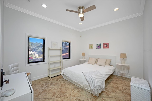 1966 Freedom Dr, Clearwater, FL 33755 - bedroom featuring ornamental molding, baseboards, recessed lighting, and a ceiling fan