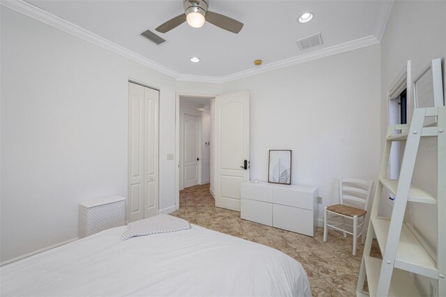 1966 Freedom Dr, Clearwater, FL 33755 - bedroom featuring crown molding, recessed lighting, baseboards, a closet, and ceiling fan