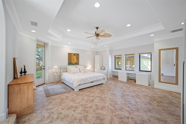 1966 Freedom Dr, Clearwater, FL 33755 - bedroom featuring a raised ceiling, access to outside, recessed lighting, ornamental molding, and baseboards