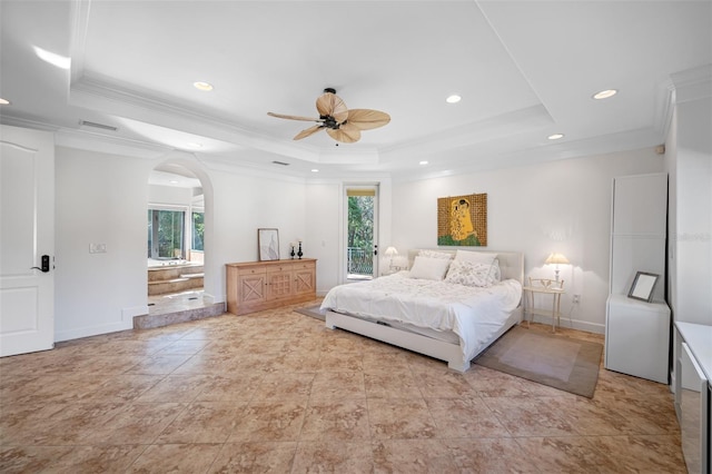 1966 Freedom Dr, Clearwater, FL 33755 - bedroom featuring a raised ceiling, recessed lighting, access to exterior, ornamental molding, and arched walkways
