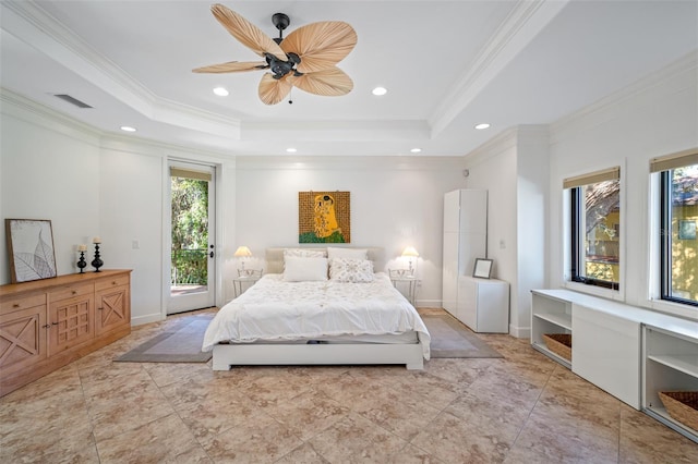1966 Freedom Dr, Clearwater, FL 33755 - bedroom featuring a tray ceiling, access to outside, ornamental molding, recessed lighting, and a ceiling fan