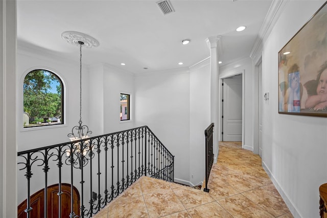 1966 Freedom Dr, Clearwater, FL 33755 - hallway featuring an upstairs landing, ornamental molding, recessed lighting, baseboards, and tile patterned floors