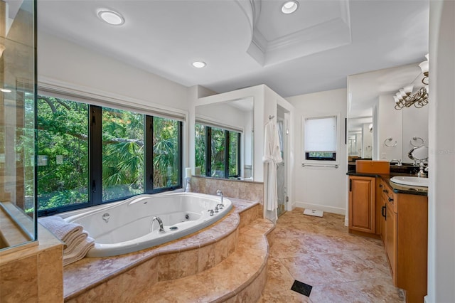 1966 Freedom Dr, Clearwater, FL 33755 - full bath featuring a jetted tub, vanity, recessed lighting, a raised ceiling, and a shower