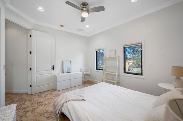 1966 Freedom Dr, Clearwater, FL 33755 - bedroom featuring recessed lighting, crown molding, baseboards, and a ceiling fan