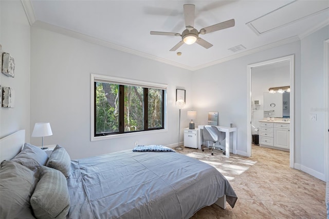 1966 Freedom Dr, Clearwater, FL 33755 - bedroom featuring crown molding, ensuite bath, baseboards, ceiling fan, and attic access