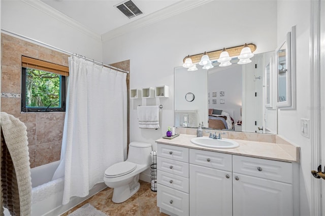 1966 Freedom Dr, Clearwater, FL 33755 - ensuite bathroom featuring ornamental molding, toilet, vanity, tile patterned floors, and shower / bath combination with curtain