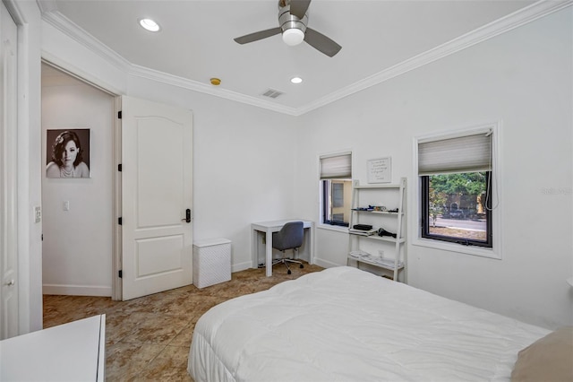 1966 Freedom Dr, Clearwater, FL 33755 - bedroom featuring ornamental molding, recessed lighting, baseboards, and a ceiling fan