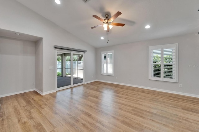 11932 Whisper Creek Dr, Riverview, FL 33569 - spare room featuring recessed lighting, ceiling fan, light wood-type flooring, lofted ceiling, and baseboards