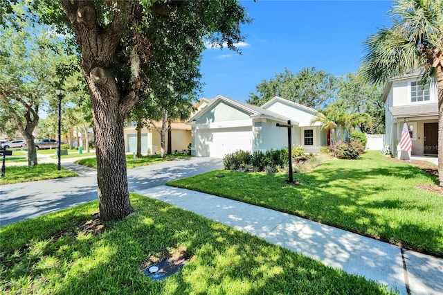 11932 Whisper Creek Dr, Riverview, FL 33569 - ranch-style home with concrete driveway, a front lawn, an attached garage, and stucco siding