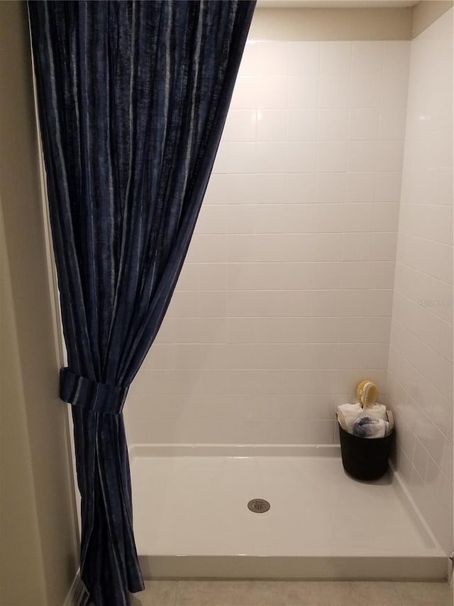bathroom featuring tile patterned flooring and a shower stall