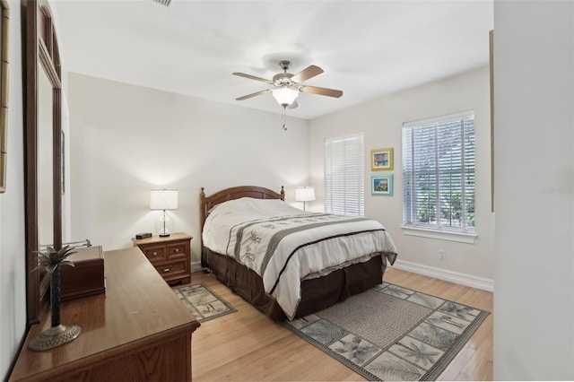 bedroom featuring ceiling fan, light wood finished floors, and baseboards