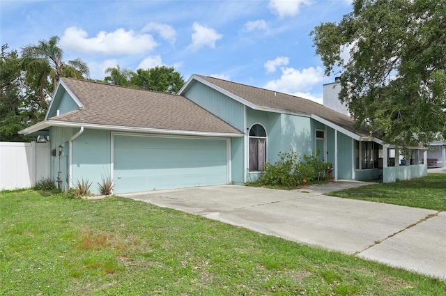 3093 Woodpine Cir, Sarasota, FL 34231 - single story home with roof with shingles, fence, a front lawn, concrete driveway, and an attached garage
