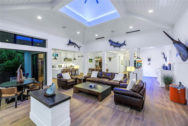 living room featuring recessed lighting, beamed ceiling, wood finished floors, and high vaulted ceiling