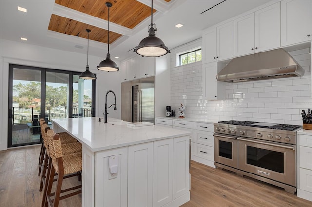 kitchen featuring high quality appliances, light wood finished floors, decorative backsplash, under cabinet range hood, and wood ceiling