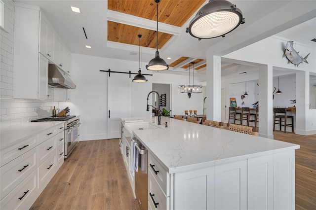 kitchen with tasteful backsplash, a barn door, a sink, under cabinet range hood, and stainless steel appliances