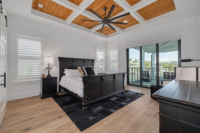 bedroom featuring access to outside, multiple windows, wood ceiling, and coffered ceiling