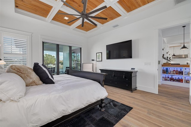 bedroom featuring visible vents, light wood-type flooring, wooden ceiling, baseboards, and coffered ceiling
