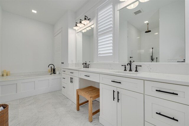 full bath with a walk in shower, visible vents, a sink, and marble finish floor