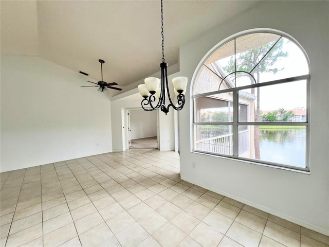 114 Clays Trl Unit 114, Oldsmar, FL 34677 - empty room with a chandelier, vaulted ceiling, light tile patterned flooring, ceiling fan, and a water view