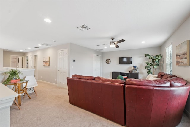 17537 Brighton Lake Rd, Land O Lakes, FL 34638 - living area featuring visible vents, light carpet, baseboards, ceiling fan, and recessed lighting