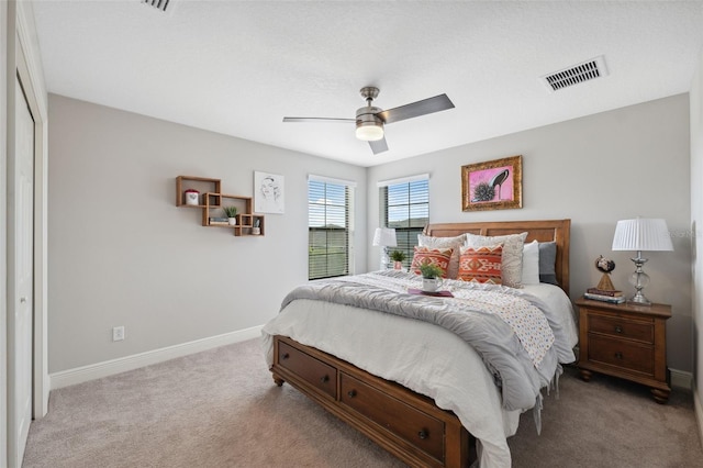 17537 Brighton Lake Rd, Land O Lakes, FL 34638 - bedroom featuring a ceiling fan, baseboards, light colored carpet, and visible vents