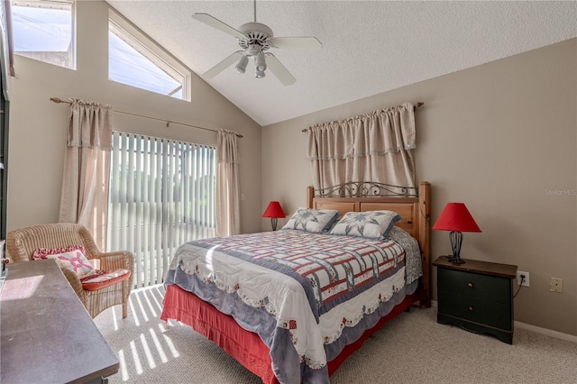 carpeted bedroom featuring a ceiling fan, a textured ceiling, high vaulted ceiling, baseboards, and access to outside