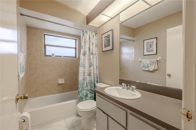 full bath with vanity, shower / bath combo, toilet, and a textured ceiling