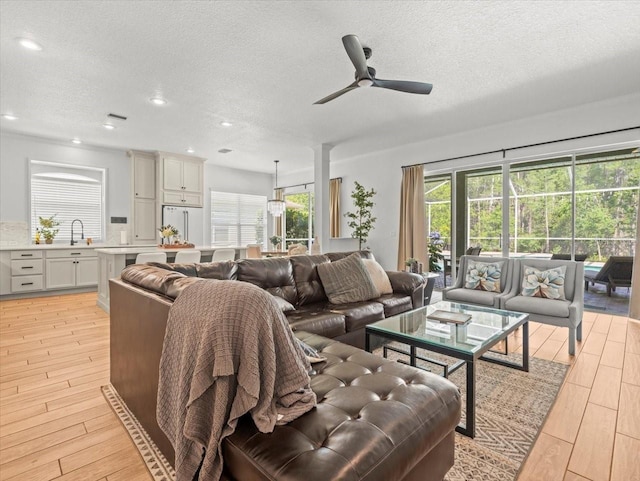 living area featuring light wood-type flooring, a healthy amount of sunlight, a textured ceiling, and recessed lighting
