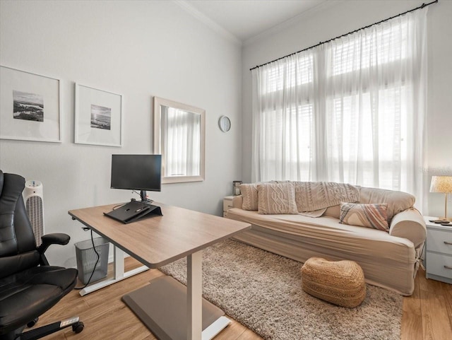 home office featuring ornamental molding and wood finished floors