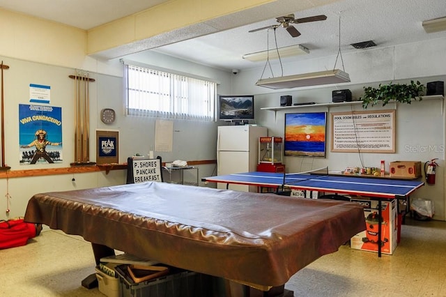 rec room with billiards and ceiling fan