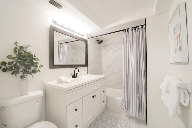 full bath featuring vanity, toilet, tile patterned floors, shower / bathtub combination with curtain, and visible vents