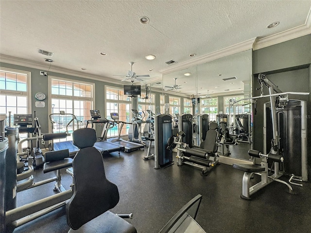 gym featuring a wealth of natural light, visible vents, crown molding, and a textured ceiling