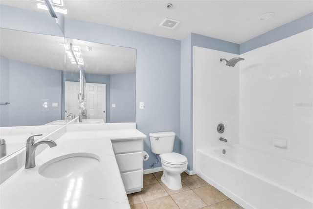 bathroom featuring vanity, tile patterned floors, toilet, visible vents, and  shower combination