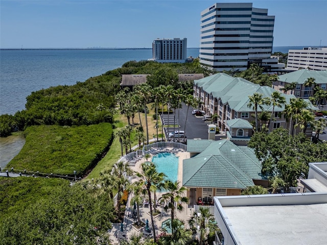 drone / aerial view featuring a water view