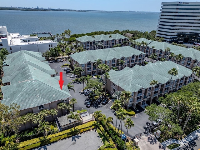 drone / aerial view featuring a water view
