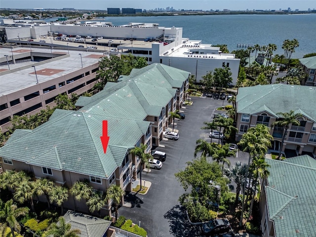 aerial view featuring a water view