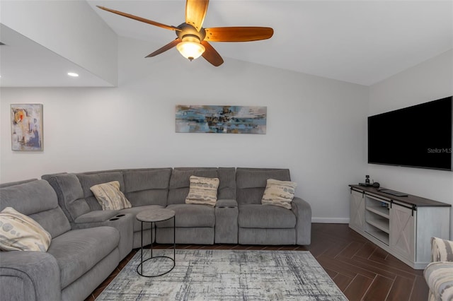 living area with baseboards, recessed lighting, a ceiling fan, and lofted ceiling
