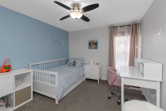 bedroom with ceiling fan and carpet floors