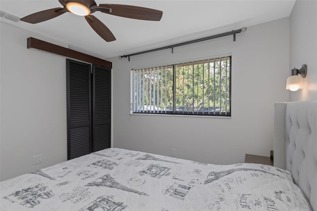 bedroom with visible vents, ceiling fan, and a closet